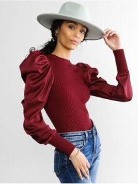 BKE Puff Sleeve Ribbed Sweater Top - Wine Red